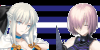 A gif with Morgan's sprite on the left and Mash's sprite on the right. The background is the colors of the leather pride flag. A heart blinks in and out of the picture.